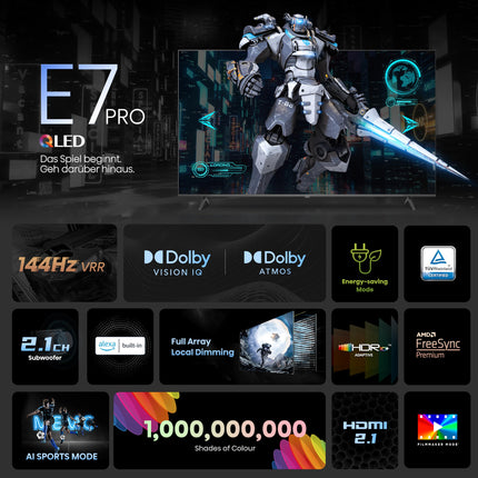Hisense 65E7NQ Pro 164 cm (65-tolline) televiisor, 4K UHD, QLED, nutiteler, Total HDR, Dolby Vision IQ Atmos, 144 Hz (VRR), HDMI 2.1, mängurežiim PRO, kolmekordne tuuner, sisseehitatud Alexa, tumehall, [2024]