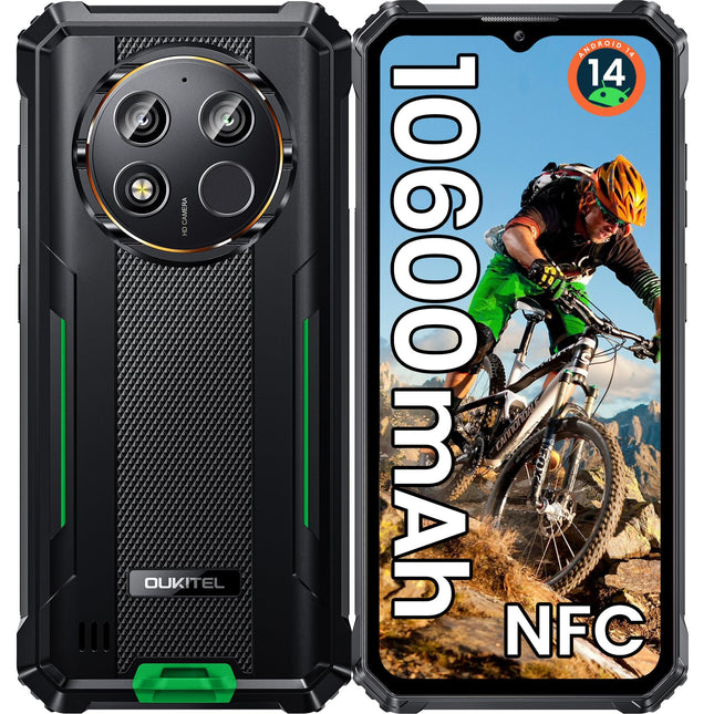 OUKITEL WP28E (2025) Android 14-10600mAh välistingimustes kasutatav nutitelefon ilma lepinguta, 16GB+64GB/1TB, 6.52" nutitelefon 13MP kaameraga, IP68 ehitusplatsi telefon, kahe SIM-kaardiga/NFC/GPS/OTG/Face ID/BT5.0 - roheline
