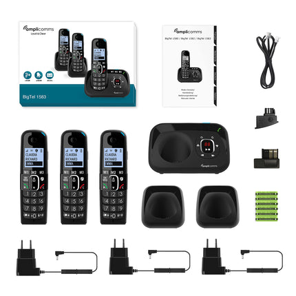 Amplicomms BigTel 1583 Trio juhtmeta DECT suurte nuppudega telefon, automaatvastaja, KOLM telefonitoru, helivõimendus, valjud helinad, ühildub kuuldeaparaatidega, ei sega