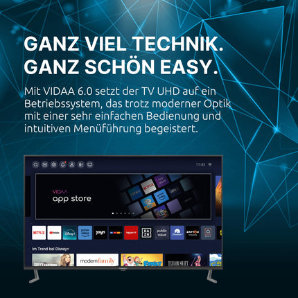 TechniSat TV 65 UHD - 65-tolline/164 cm 4K/UHD nutiteler (kolmekordne tuuner, WiFi, voogedastusrakendused, Bluetooth, USB-salvestus, ajanihkefunktsioon, 2 x 10 vatti) must
