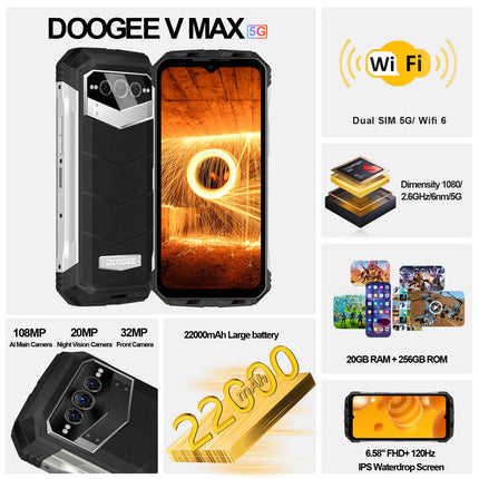 DOOGEE VMAX 5G välistingimustes kasutatav nutitelefon ilma lepinguta, 20 GB + 256 GB mõõtmed 1080, 22000mAh suur aku, 108MP kaamera, 6,6" FHD+ 120hz välistingimustes kasutatav nutitelefon Android Dual SIM IP68 veekindel OTG NFC