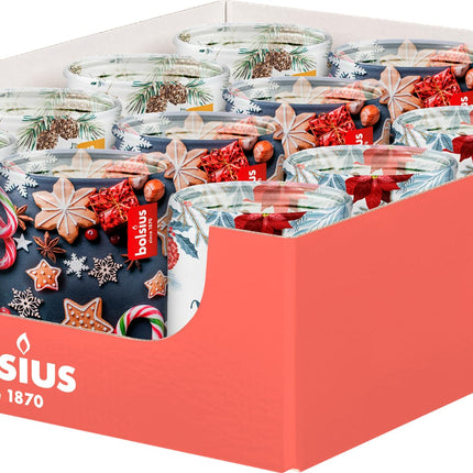 Bolsius - Lõhnaküünlad klaasis trükiga - 12 tükki - 23 põlemistundi - erinevad lõhnad - jõulukaunistused