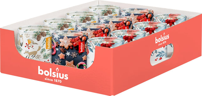 Bolsius - Lõhnaküünlad klaasis trükiga - 12 tükki - 23 põlemistundi - erinevad lõhnad - jõulukaunistused
