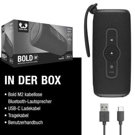 FRESH 'N REBEL Bold M2, Bluetooth speaker with 24-hour playtime, waterproof (IP67) portable Bluetooth music box, party mode, volume control ring, deep bass, powerful volume (black)