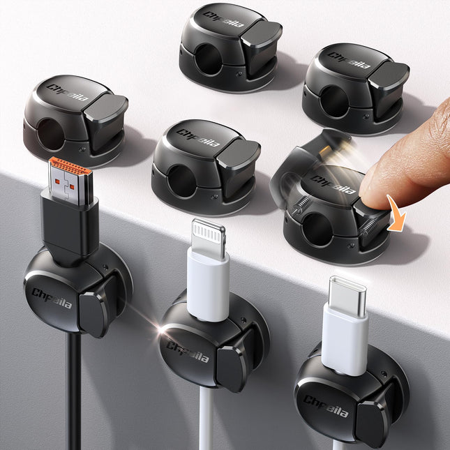 Chfeila Self-Adhesive Cable Holder, 8 Pack [Double Spring &amp; Clasp] Cable Organizer Cable Clips - Charging Cable Holder Desk Cable Management for Bedside Table/Car/Wall/Table, HDMI/USB/Audio Cable