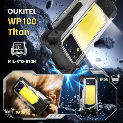 OUKITEL WP100 Titan 33000mAh Outdoor Mobile Phone 5G with Built-in 100 Lumen Projector, 48GB+512GB 6.8" FHD+ Outdoor Smartphone Without Contract with 1200 Lumen Camping Light, 200MP+32MP+20MP, NFC/GPS/IP68/BT5.4
