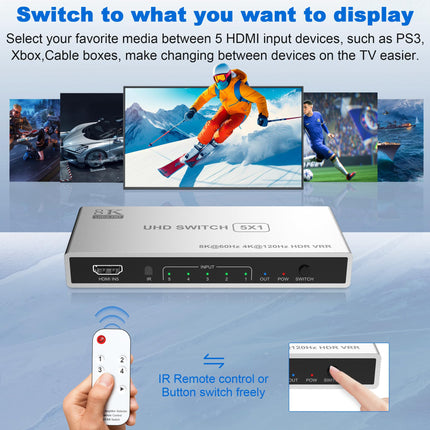 HDMI-lüliti HDMI-jaotur 8K 60Hz/4K 120Hz, alumiiniumist HDMI 2.1 lüliti 5 sisse 1 väljundiga HDMI-jaotur IR-puldiga, HDMI-lüliti toetab 3D HDR10 HDCP2.3 VRR 48Gbps teleri, PS5, Xboxi, Blu-Ray jaoks