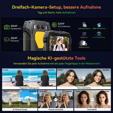 Blackview BV7300 õuenutitelefon Android 14, 15000mAh, 18GB+256GB(2TB), 6.67" 90Hz ekraan, 50MP+32MP õuenutitelefon ilma lepinguta, NFC/öönägemine 20MP/Corning Glass/GPS/kaks 800LM matkavalgustit