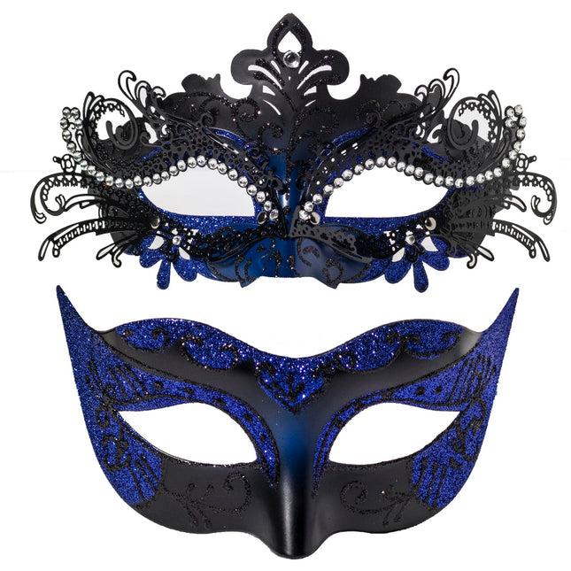 FRUOR musta ja sinise maskikomplekt paaridele, naistele mõeldud metallmask kividega ja meestele mõeldud Veneetsia stiilis mask cosplay peoks, karnevaliks, halloweeniks, pulmapeoks