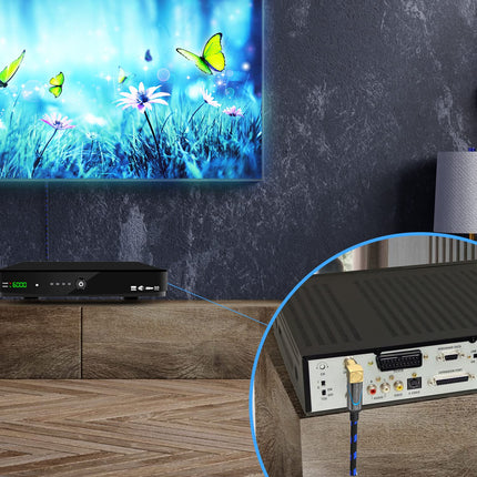 Ultra HDTV 5m teleriantennikaabel, koaksiaalkaabel, koaksiaalpistik (90° nurk) koaksiaalühendusele (90° nurk), metallpistik DVB-T ja DVB-T2, DVB-C, DVB-S, DVB-S2, raadio, FM, DAB jaoks