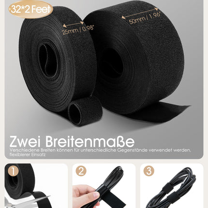 2 rulli 10 m pikkust takjapaela, laiusega 2,5 cm + 5 cm, isekleepuv kahepoolne takjapaelarull firmalt Nearockle, korduvsuletav takjapaelakinnitus kaablite, juhtmete, voolikute ja muu korrastamiseks.