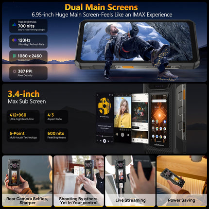 Ulefone Armor 30 Pro õues kasutatav nutitelefon 5G kahe ekraaniga, 32GB + 512GB / 2TB, 6,95" FHD+ 120Hz ja 3,4" lisaekraan, 12800mAh 66W, 50MP + 64MP öönägemisvõime + 32MP, Android 14, WiFi 6E/NFC/GPS/sõrmejäljelugeja/näotuvastusega
