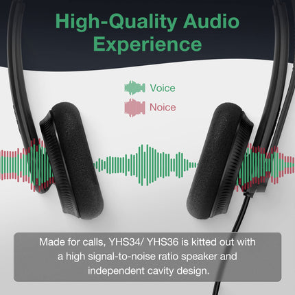 Yealinki telefonipeakomplektid kontoritelefonidele YHS34 Lite QD - RJ9 juhtmega peakomplekt, ühildub Poly Avaya Snom Grand Stream telefonidega, lauatelefoni peakomplekt mikrofoniga - kahekordne/111g/2.1m kaabel