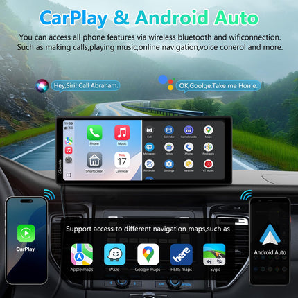 Carpuride V92 Portable Car Stereo Wireless Carplay &amp; Android Auto, 10.26 inch 1080P HD Touchscreen Radio with BT 5.0, Mirror Link Mount Truck RV Dashboard