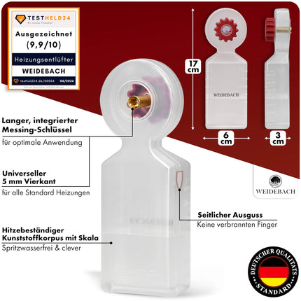 WEIDEBACH® kütteseadme õhutusvõti koos kogumisanumaga (140ml), kütteseadme õhutusvõti koos mikrokiudlapiga ja miniõhutusvõtmega kitsastesse kohtadesse, õhutusvõti igale kütteseadmele, pikk vorm