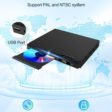 DVD-mängija telerile, HDMI-toega DVD-mängija, PAL/NTSC tugi, regioonivaba CD-mängija karaoke-portidega, USB-sisend, HDMI- ja AV-kaablid