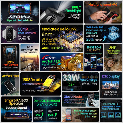 Blackview BV9300 lepinguta õues kasutatav nutitelefon (100LM taskulamp), 15080mAh aku, Helio G99 21GB+256GB, 6,7'' 120Hz 2.3K ekraan, 50MP kaamera, IP68 Android 12 veekindel nutitelefon, GPS NFC must