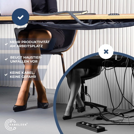 Cable net desk for cable management, flexible cable duct - ideal for cable organization - hide cables under the table, cable holder including cable conduit, black