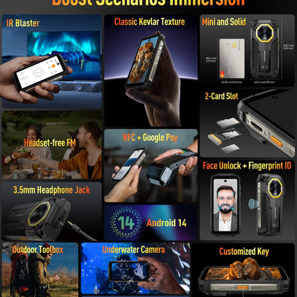 Ulefone Armor Mini 20 Pro Outdoor Mobile Phone 5G, 16GB + 256GB/2TB Outdoor Smartphone, 50MP + 32MP Camera Android 14 Rugged Smartphone, 6200mAh Battery, 4.7 Inch HD+ IP68 Smartphone, OTG/NFC/GPS Black