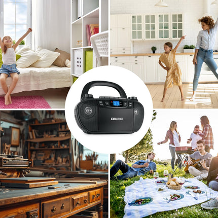 Beatfoxx CDB-1016 BK Boombox kasseti, CD-mängija, raadio ja kandekäepidemega - Diktofon AUX-sisendiga ja kõrvaklapiväljundiga - Toiteallikaks toitekaabel või 6x C-tüüpi patareid - Lastele ja täiskasvanutele