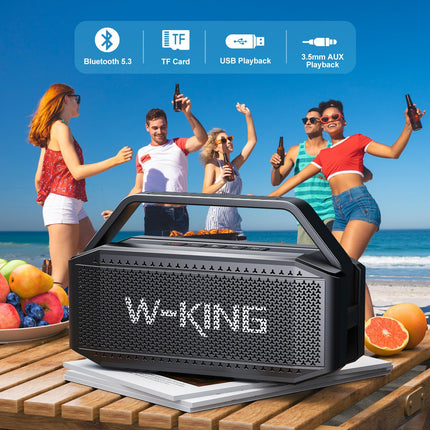 W-KING Bluetooth kõlar, 80W tippvõimsusega IPX6 veekindel, kaasaskantav muusikakarp Bluetooth karp 2 täisriba draiveriga/rikkalik bass, 2 sidumist/30 tundi/U-ketas/TF-kaart/AUX/EQ, suur peokõlar