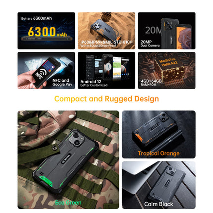 OUKITEL Android 12 Outdoor Mobile Phone Without Contract WP20 PRO, 20MP Dual Camera IP68 IP69K Rugged Smartphone, Octa Core 4GB 64GB, 6300mAh Battery, 5.93'' HD+, Dual SIM, Face Unlock, GPS NFC Black