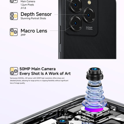 Ulefone Note 20 Pro Android 14 nutitelefon, 6,75-tolline HD+ ekraan, 256 GB ROM + 8 GB RAM, 50MP kaamera, 6000mAh aku, lukustamata 4G kahe SIM-kaardi pesa/näotuvastuse/sõrmejäljelugeja/GPS/OTG