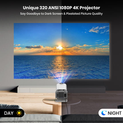 [Netflixi ametlik/stereokõlar] 4K projektor WiFi ja Bluetoothiga, 1080P natiivne mini kaasaskantav projektor, ühe klõpsuga kasutatav sisseehitatud Netflix/YouTube/PrimeVideo/D+, nutika kodu õueprojektor valge