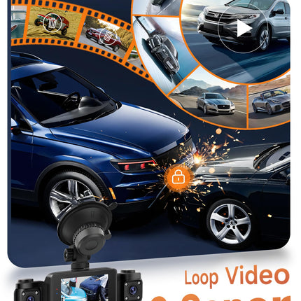 Auto videoregistraator 360°, 4 kaameraga FHD 1080P ees ja taga vasakul ja paremal, 2,4-tolline 1080P videoregistraator IR öönägemise/silmusvideo/24H parkimismonitori/G-anduri/parkimisabiga, 64 GB mälukaardiga