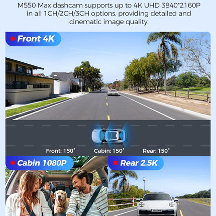 AZDOME 4K autokaamera 4K+ 1080P+ 2.5K ees, taga, sees, kahe STARVIS kaameraga, 64GB SD-kaart, WiFi, GPS, öönägemine, parkimismonitor, tsükkelsalvestus, WDR, G-andur, 3.19” kuumakindel, M550 MAX