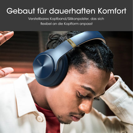 DOQAUS Bluetooth-kõrvaklapid kõrva kohal, kuni 90 tundi juhtmevabad kõrvaklapid 3 ekvalaiseri režiimiga, HiFi stereo kokkupandavad peakomplektid mikrofoniga, pehmed kõrvapadjad reisimiseks/kontorisse/mobiiltelefoni/arvuti/sülearvutite jaoks - tumesinine