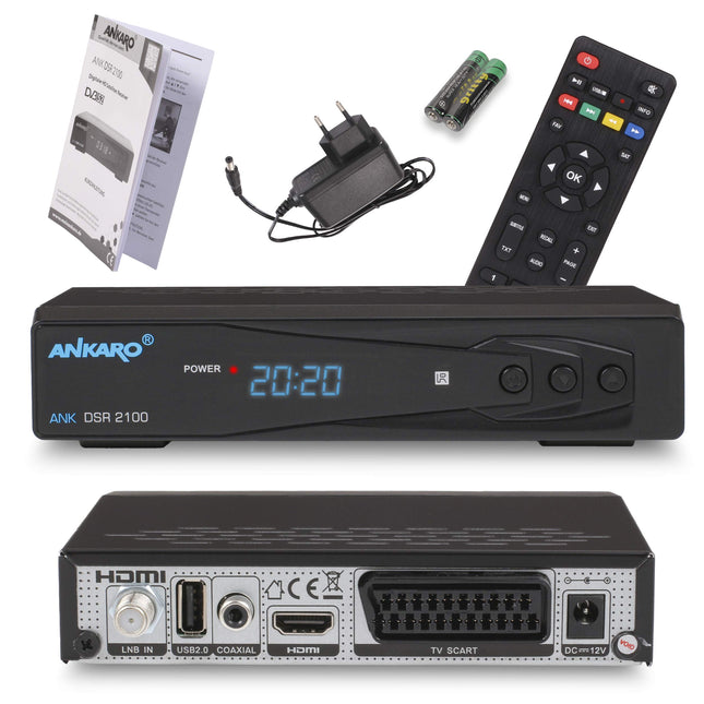 ANKARO DSR 2100 digitaalne Full HD 1080p satelliitvastuvõtja must USB-meediapleieri, salvestusfunktsiooni ja ajanihke/HDMI/SCART/LED-ekraaniga / 12V toiteallikaga, ideaalne telkimiseks