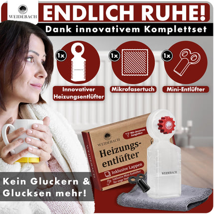 WEIDEBACH® kütteseadme õhutusvõti koos kogumisanumaga (140ml), kütteseadme õhutusvõti koos mikrokiudlapiga ja miniõhutusvõtmega kitsastesse kohtadesse, õhutusvõti igale kütteseadmele, pikk vorm