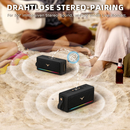 Portable Bluetooth speaker, music box with light, IPX7 waterproof Bluetooth box, 40W powerful stereo sound, active extra bass, dual pairing, 8-hour battery life for home, party, outdoors, beach