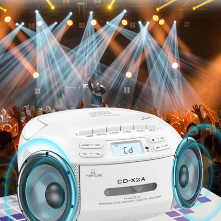 Greadio kaasaskantav CD-mängija, Boombox-kassettmängija Bluetoothiga, FM-raadio puldiga, AUX/USB taasesitus, kassettmakk, vahelduvvoolukaabel/patareitoide, LCD-ekraan lastele (valge)