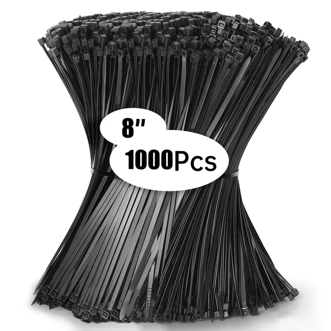 Jokisa 1000 Pack Black Cable Ties 200 x 4.8 mm, Cable Tie Set UV Resistant Tensile Strength 23KG, Long Cable Ties for Cable Management, Gardening, Living, Workshops, Office, DIY