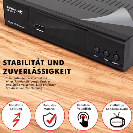 PremiumX satelliitvastuvõtja HD 521 B FTA digitaalne SAT-TV vastuvõtja DVB-S2 FullHD HDMI SCART 2X USB multimeediamängija, 12V väline toiteallikas