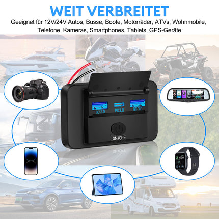 Daakro 72W USB laadimispesa 12V autolaadija kahekordse QC3.0 USB ja PD3.0 C-tüüpi mobiiltelefoni kiirlaadija veekindel lülitiga 12V/24V haagissuvilatele, autodele, mootorratastele, veoautodele