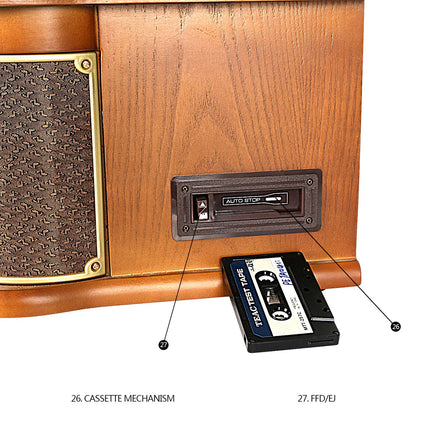 Plaadimängija 9-ühes DAB vinüülplaadimängija, vintage-stiilis puit, Bluetoothi/FM/stereokõlari/CD/MP3/kasseti/USB-ga