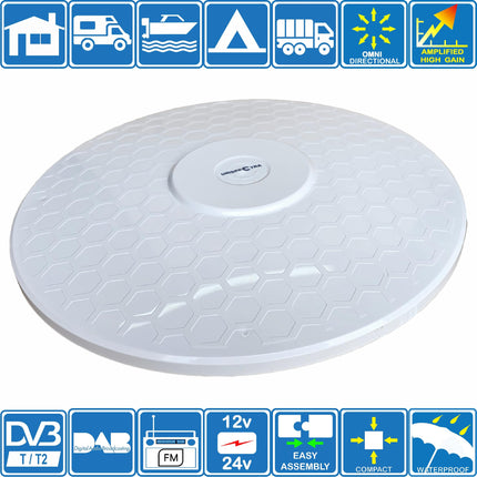 Helio-Magnet pikamaa digitaalne HD TV antenn, 360° igasuunaline, 33dB suure võimendusega võimendi UHF FM DAB. Toide 12V/24V/5V USB kaudu. Ideaalne matkaautodele, veoautodele, haagissuvilatele ja mererakendustele.