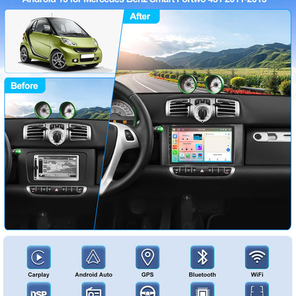 CAMECHO 4+64G 9-tolline DSP autoraadio Mercedes-Benz Smart Fortwo 2011-2015 tahavaatekaameraga, Android 13 navigatsiooniraadio HD puutetundliku ekraaniga ja juhtmevaba Carplayga, Android Auto Bluetooth GPS FM/RDS peegliühendusega