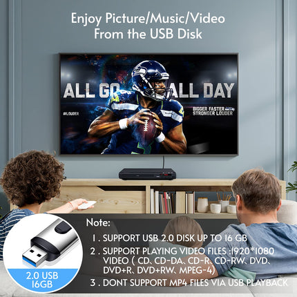 TLarder DVD-mängija telerile HDMI-väljundiga, Full HD 1080p ülesskaleerimine, ühildub mitme vorminguga, toetab kõiki piirkondi ja plaadivorminguid, sisaldab kaugjuhtimispulti ja AV/HDMI-kaablit