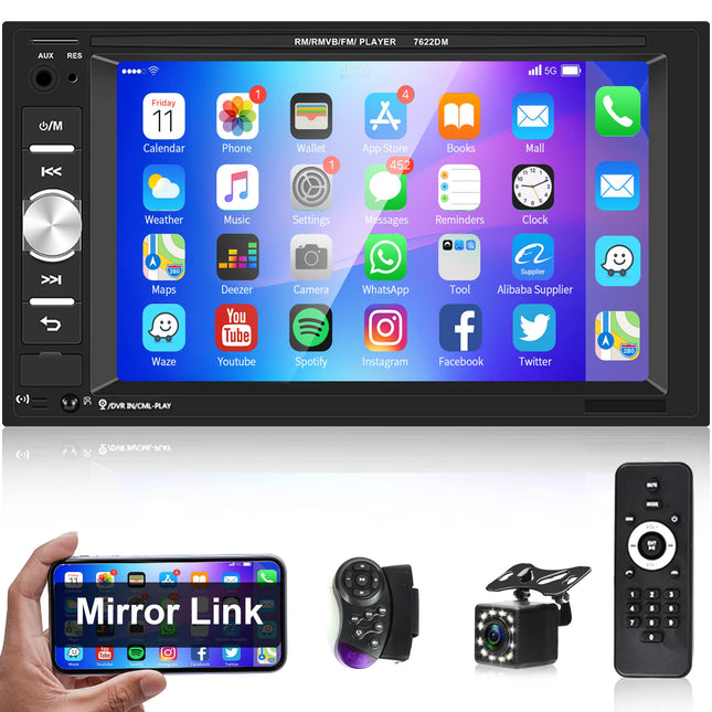 Car radio 2 Din with Bluetooth hands-free system IOS/Android Mirror Link 6.2 inch touchscreen car radio double Din with Bluetooth FM/USB/AUX/EQ/TF steering wheel control + rear view camera remote control