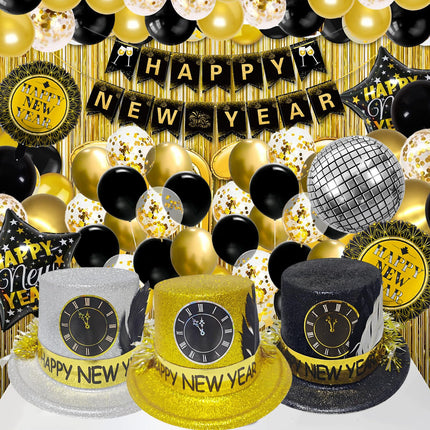 Black Gold New Year's Eve Decoration, New Year's Eve Decoration 2025 XXL Decoration Set, Foil Balloon New Year's Eve Decoration, Happy New Year Cone Hats for 2025 New Year Party Decorations