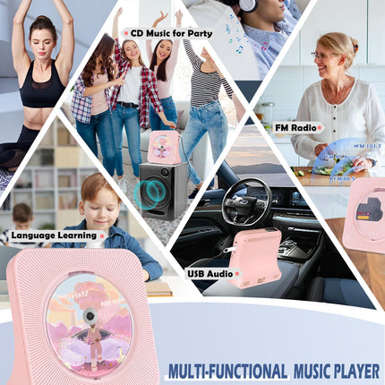 Roosa CD-mängija lastele, kaasaskantav CD-mängija Bluetooth 5.0-ga, kodune muusikapleier sisseehitatud HiFi-kõlaritega, FM-raadio, taimeri, USB-pordi, AUX-pesa, kaugjuhtimispuldiga (kõrvaklappide kaabel kaasas)