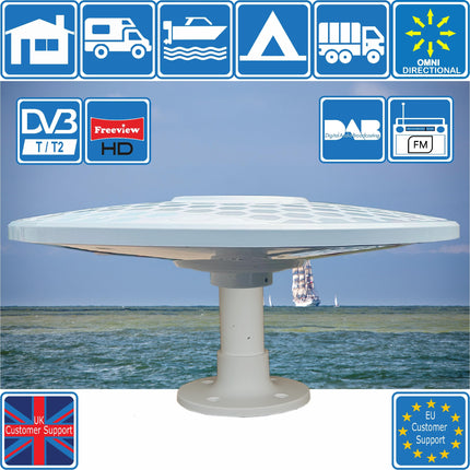Helio-Magnet pikamaa digitaalne HD TV antenn, 360° igasuunaline, 33dB suure võimendusega võimendi UHF FM DAB. Toide 12V/24V/5V USB kaudu. Ideaalne matkaautodele, veoautodele, haagissuvilatele ja mererakendustele.