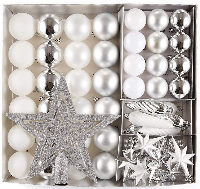 HEITMANN DECO 50-piece set of Christmas tree decorations with lace - plastic Christmas decorations white silver for hanging