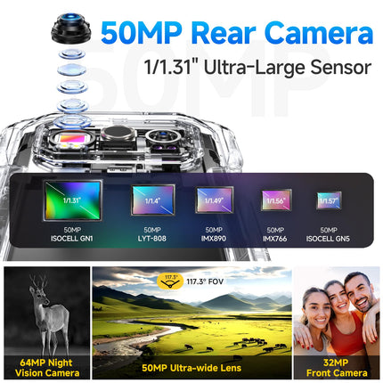 Ulefone Armor 27 Outdoor 4G Smartphone 10600mAh 6.78 inch FHD+ 120Hz, 50MP + 64MP Night Vision Outdoor Mobile Phone Without Contract, 256GB + 16GB/2TB Android 14, Dual SIM 4G/NFC/GPS/IP69K
