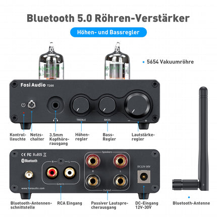 Fosi Audio T20X 200W võimendi Bluetooth 5.0 lampvõimendi kõrvaklappide võimendi stereoheli vastuvõtja 2 kanaliga D-klassi digitaalne mini-Hi-Fi integreeritud võimsusvõimendi kodustele passiivkõlaritele