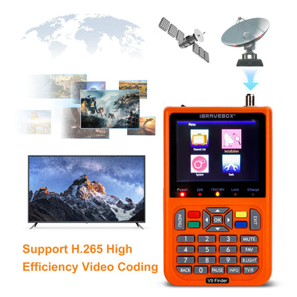Digitaalne satfinder, V9 digitaalne satelliidisignaali otsija sisseehitatud liitiumioonakuga, 3,5-tolline LCD-ekraan, Full HD, 16-bitine, OSD 64 MB, 1 GB, DDR3, tugi H.265 (oranž)